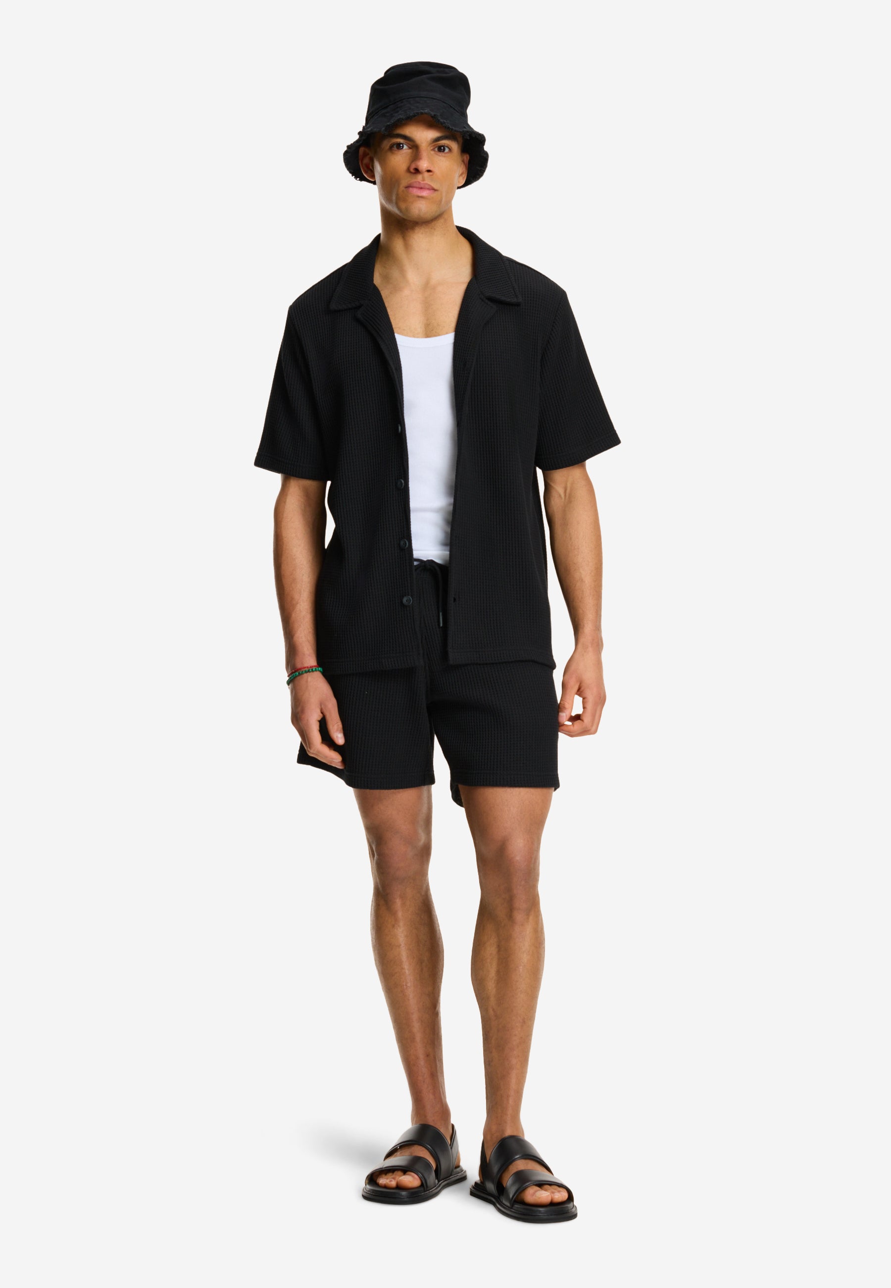 DEAN waffle structure shortsleeve | black - Shiwi