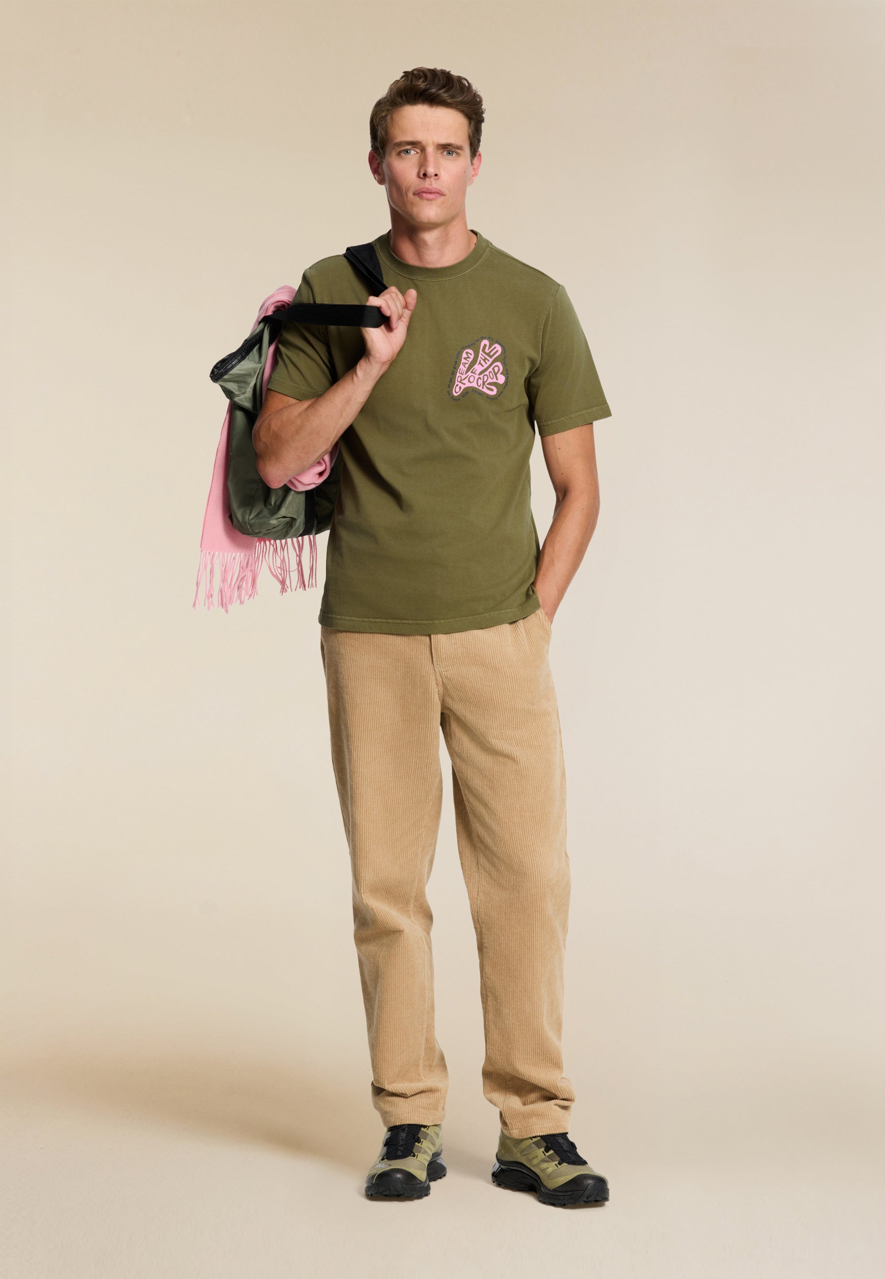 LIAM regular fit coral text t-shirt | green olive