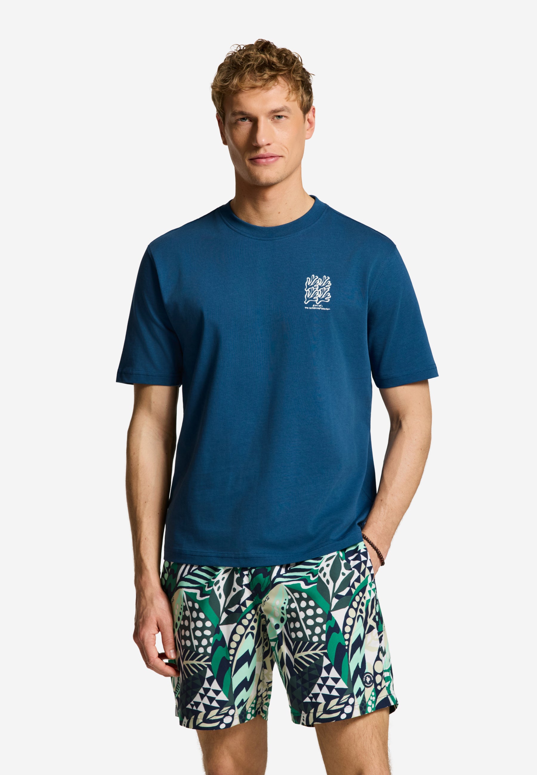 FINN relaxed fit coral grid t-shirt | blue slate