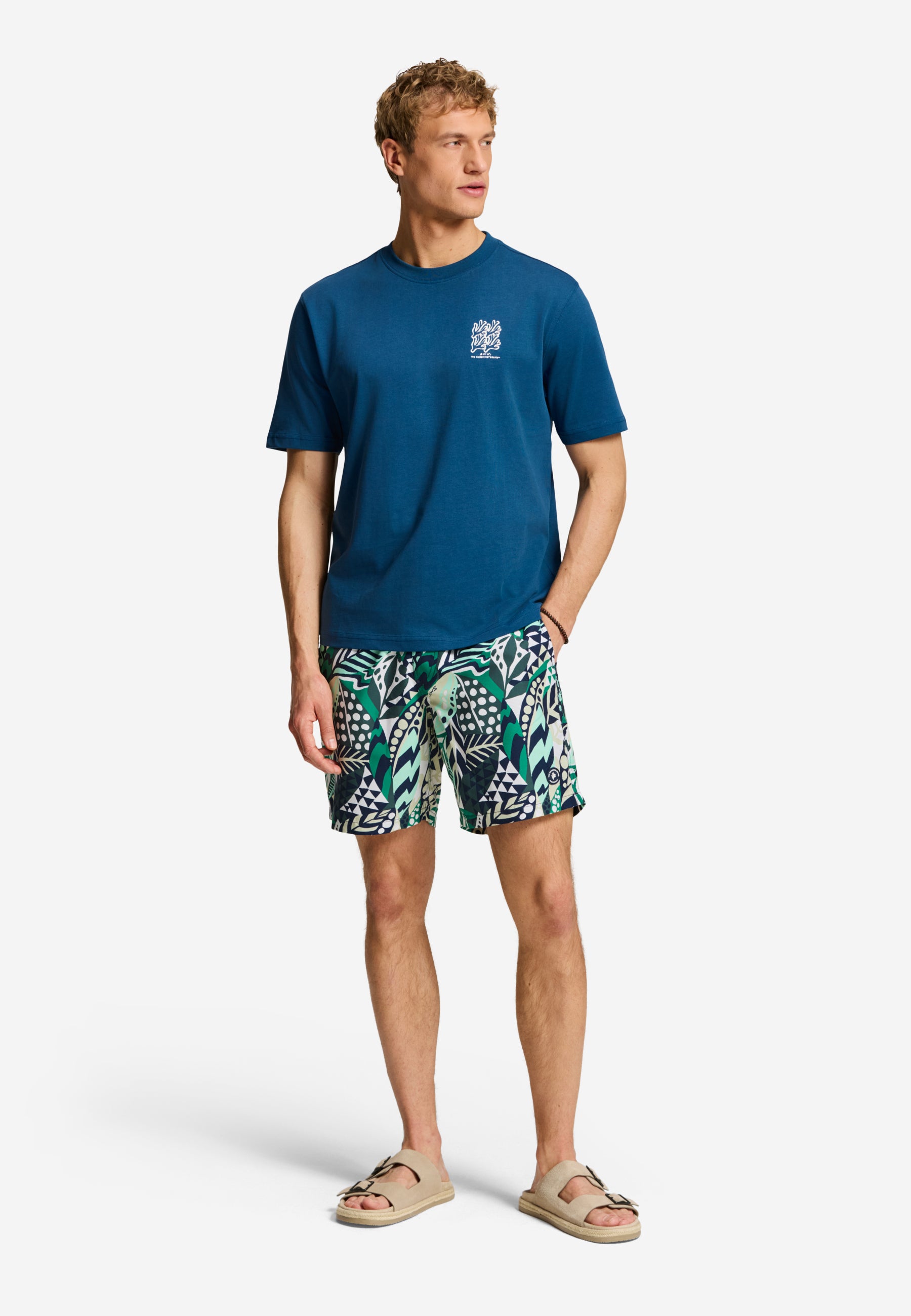 FINN relaxed fit coral grid t-shirt | blue slate